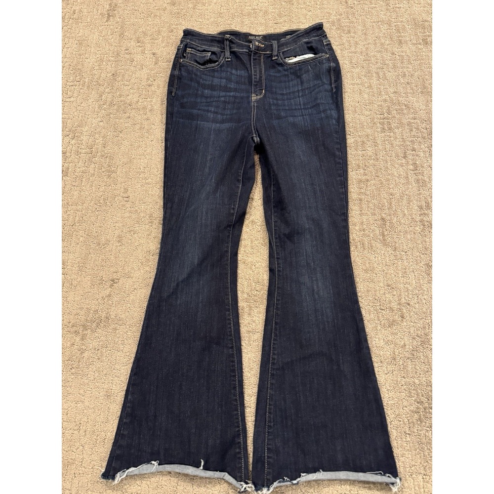 Judy Blue Flare Jeans 11/30 Dark Wash Raw Hem Stretch EUC (S1)